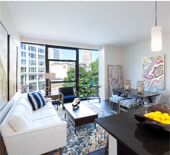 Luxury apartment living room overlooking Westown Milwaukee