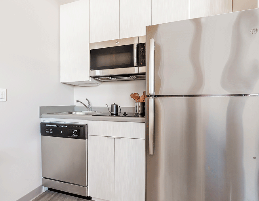 Studio apartment in south loop apartment building with stainless steel appliances 