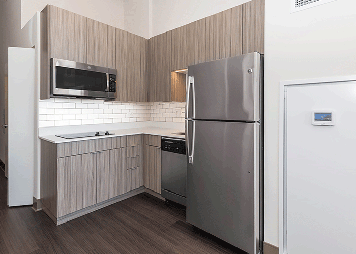 Modern cabinetry and stainless steel appliances in 1 bedroom apartment at 820 S. Michigan Ave